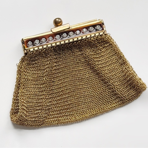 Vintage 1940s Gold Metal Mesh Coin Pouch Germany Soldered Mesh Rhinestones - Picture 1 of 9